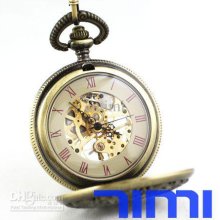 Bronze Rome Mechanical Skeleton Pocket Watch For Mens Style Chain Fr