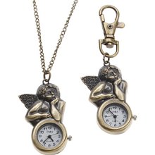 Bronze Unisex Angel Style Alloy Analog Quartz Keychain Necklace Watch