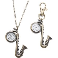 Bronze Unisex SAX Style Alloy Analog Quartz Keychain Necklace Watch