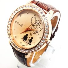 Brown Band Cyrstal Case Analog Quartz Watch Geneva Style Gift Wristwatches