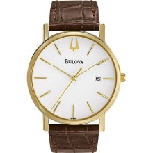Bulova Mens Goldtone Dress Round Watch - Brown Leather Strap - White Dial - 97B100