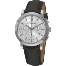 Burberry Bu1361 Men's Heritage Black Leather Strap Silver Dial Chronograph Watch