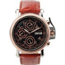 Burgmeister New York Bm104-322 Gents Automatic Analogue Wristwatch Brown Leather Strap Black Dial Day Date Month