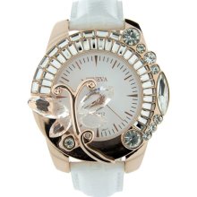 Butterfly Adorned Watch with Rhinestones & Snake Skin Strap-White/Gold