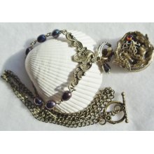 Butterfly pocket watch pendant with purple fresh water pearls and Swavorski crystal on bronze chain