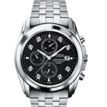 Caravelle Men`s Black Dial Chronograph Watch W/ 8 Diamonds & Date Calendar