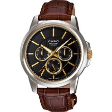 Casio Men's Core BEM307BL-1A2V Brown Leather Quartz Watch with Black Dial