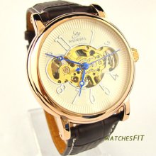 Chic Men's Rose-gold Tone Skeleton Blue Hands Automatic Mechanical Watch