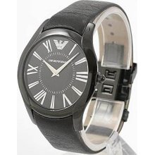 Classic Stainless Steel Case Leather Bracelet Black Tone Dial Roman Nu