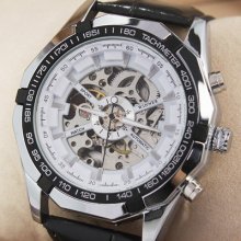 Classy Skeleton Pattern Winner Mens White Wrist Watch Automatic Sport Fashion