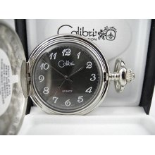 Colibri Silvertone Stripes W/shield Black Face Pocket Watch