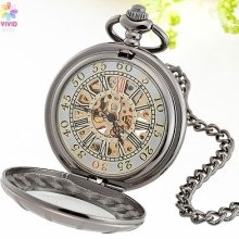 Convex Mirror Perspective Brown Polished Hollow Skeleton Mechanical Pocket Watch