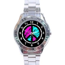 Cute Colorful Zebra Stripe Peace Sign Stainless Steel Analogue Watch