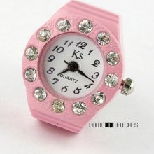 Cute Crystal Pink Girls Lady Gift Elastic Round Finger Ring Quartz Watch