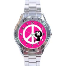 Cute Pink Peace Sign Black Kitty Cat Stainless Steel Analogue Watch