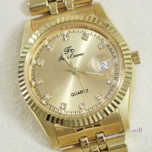 Date Luxury Golden Stainless Steel Mens Quartz Wrist Watch Crystal Nails