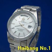 Date Week Automatic Mechanical Stainless Steel Band Mens White Dial Watch D8