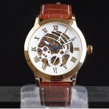 Decent Skeleton Golden Case Men's Auto Mechanical Leather Analog Wrist Watch
