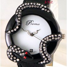 Deco Designer Black Snake Serpent Ladies Leather Wag Watch W/ Swarovski Crystals