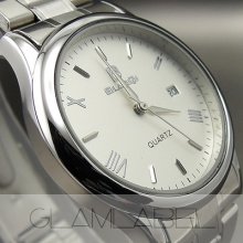 Dial Water Quartz Hours Date Silver Hand White Men Steel Wrist Watch Wc144