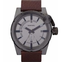 Diesel Mens Large Grey Dial Gunmetal Ip Stainless Steel Case Brown Leather Watch