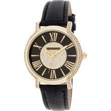 Elgin Ladies' Black Leather Strap Watch w/ Black Round Dial and Crystal Accents