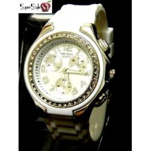Fashion 3-d Design Silver Tone White Bling Crystal Silicone Rubber Nirvana Watch