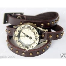 Fashion&beauty Dark Brown Leather Retro Style Women's Quartz Hands Watch