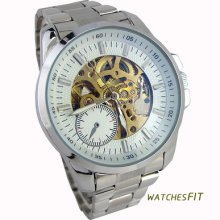 Fashion Hot Mens Automatic Mechanical Wrist Watch Hollow White Dial Steel Analog
