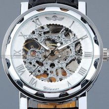Fashion Mens White Silver Skeleton Dial Leather Band Mechanical Wrist Watch Usts