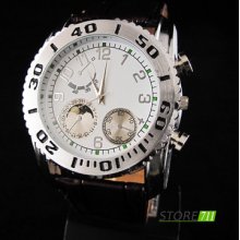 Fashion Outdoor Sports White Analog Dial Men Boys Leather Wrist Quartz Watch