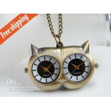 Fashion Owl Double Movement Pocket Watch Necklace Dress Quartz Watch