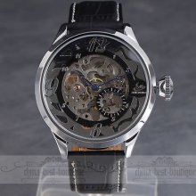 Fashion Respectable Oversize Men's Skeleton Auto Mechanical Leather Wrist Watch