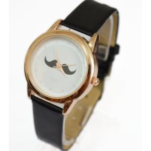 Fashion Women Girl Black Beard Dial Leather Quartz Bracelet Wristwatch