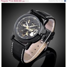 Father Day Gift Steampunk Mens gear watch, Black with Black face and Black Genuine Leather Band.