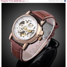 Father Day Gift Steampunk Mens gear watch, Brown with White face Brown Genuine Leather Band.