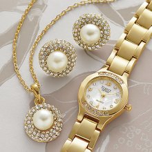 Faux Pearl & Crystal Watch, Pendant & Earring Set - Gold