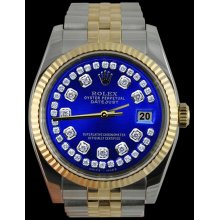 Fluted bezel rolex blue string diamond dial datejust men watch SS & gold jubilee