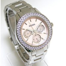 Fossil Steel Women Watch Crystals Mother Of Pearl Multiple Dial Pink Face