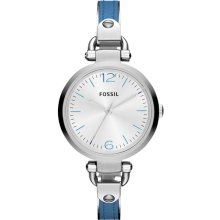 Fossil Womens Georgia Analog Stainless Watch - Blue Leather Strap - Silver Dial - ES3255