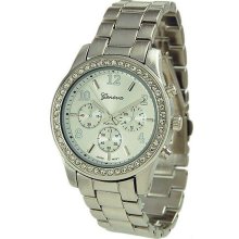 Geneva Platinum 9073 Women's Cz Accented Link Watch -silver
