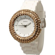 Geneva Silicone Band Beaded Designer Watch With Crystals Cz Bezel White/brown