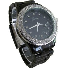 Geneva Women's Acrylic Watch..ceramic Look..double Crystal...black...free Gift