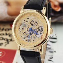 Goer Golden Case Carved Dial Mens Manual Wind Wrist Watch Luxury Leather