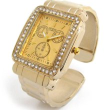 Gold 3d Geneva Designer Style Sq Crystal Bezel Women's Bangle Cuff Watch