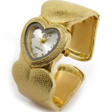 Gold Heart Decorated Band & Case Women's Bangle Cuff Watch