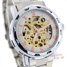 Gold-rose Roman No. Skeleton Men Watch Steel Automatic