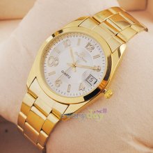 Golden Metal Case Band Luxury Mens Watches Quartz Date Calendar White Dial