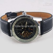 Good Quality Black Face 24-hour Dial Automatic Mechanical Watch Leat