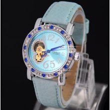 Gorgeous Diamonds Blue Leather Lady Women Automatic Mechanical Luxury Watch